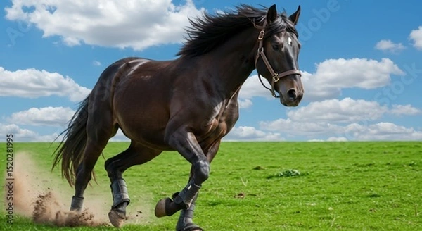 Fototapeta Majestic Dark Horse Galloping Across Lush Green Pasture Under a Blue Sky with Fluffy Clouds