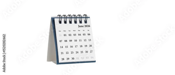 Fototapeta Desktop calendar for June 2026 in white colour. Mini planner for business and finance, spiral view on isolated white background close up.