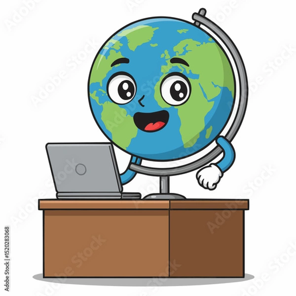 Obraz Cartoon globe character working on laptop at a wooden desk  