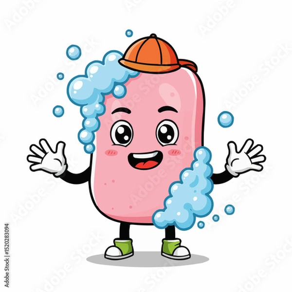 Fototapeta Cartoon soap character with bubbles and a cap smiling happily  