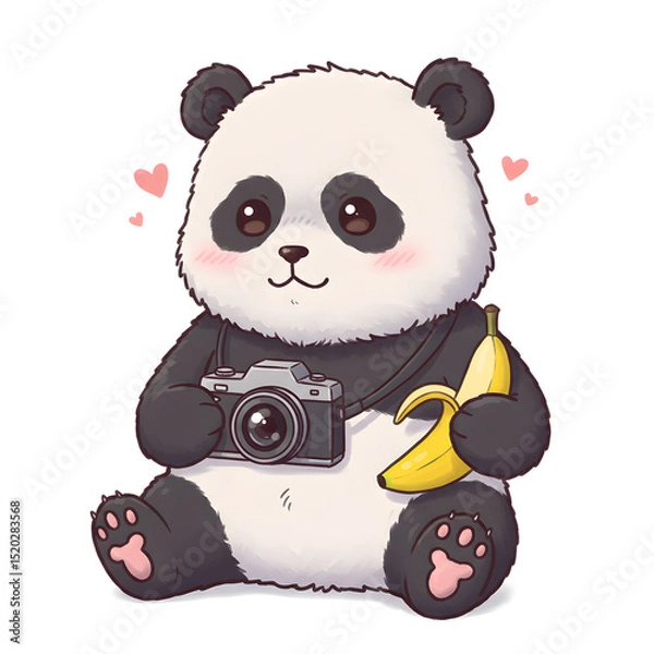 Fototapeta A cute panda character sits, holding an analogue camera around its neck and a peeled banana. Pink hearts float around the panda on a white background.
