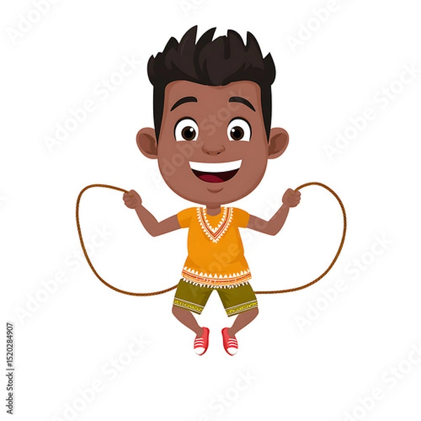 Fototapeta A cartoon boy with dark skin and hair is jumping rope against a black background with a big smile on his face on transparent background