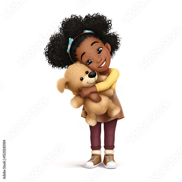 Fototapeta Illustration of a young african american girl hugging a teddy bear with a white background smiling lovingly on transparent background