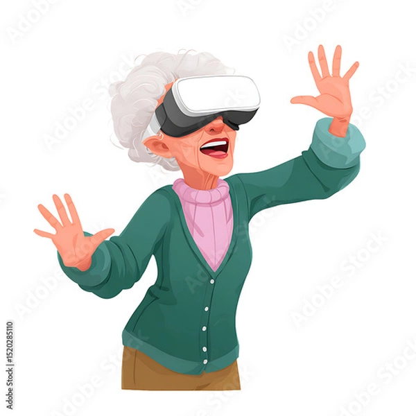Fototapeta An elderly woman with white hair wearing a virtual reality headset and reaching out with both hands excitedly on transparent background