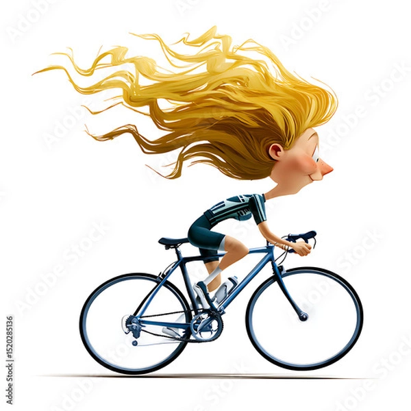 Fototapeta A cartoon woman with blonde hair riding a blue bicycle on a white background with a determined expression on transparent background