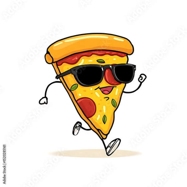 Fototapeta A cartoon pizza slice with sunglasses running on a white background in a fun and playful style on transparent background