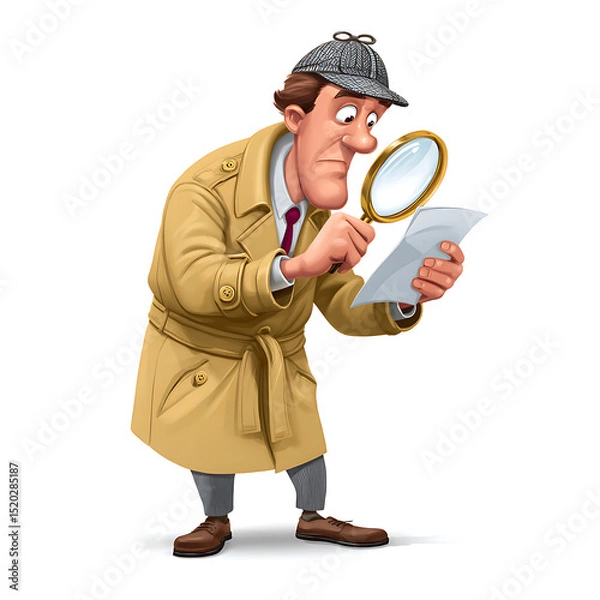 Fototapeta A cartoon detective in a tan trench coat examining a document with a magnifying glass on a white background on transparent background