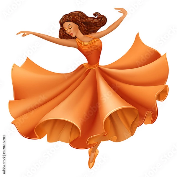 Fototapeta A cartoon ballerina with brown hair and an orange dress in a dance pose on a white background art on transparent background