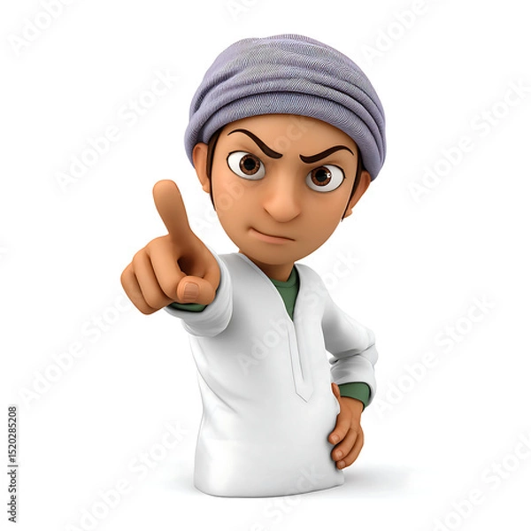 Fototapeta Cartoon character with a turban pointing his finger forward with an angry expression on a white background on transparent background
