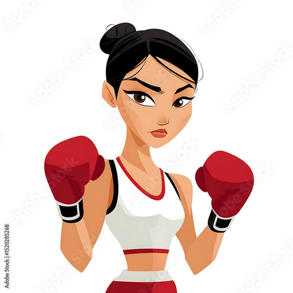 Fototapeta A cartoon depiction of a female boxer with red gloves and a determined expression on a white background on transparent background