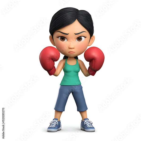 Fototapeta A cartoon woman with boxing gloves standing in a fighting stance with a determined expression on her face on transparent background