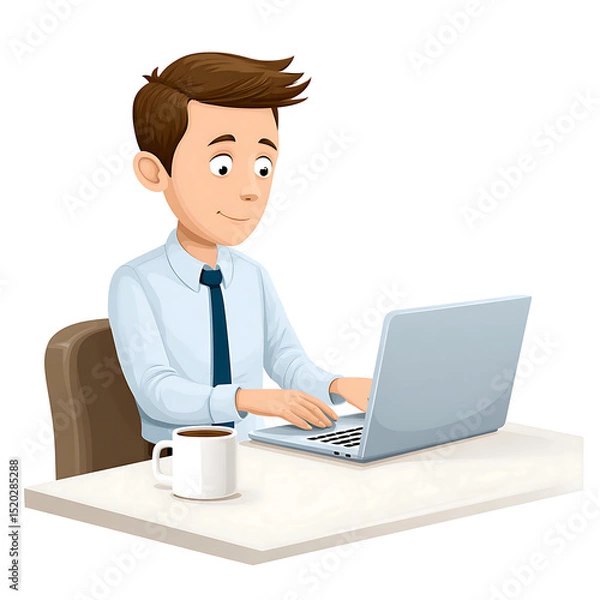 Fototapeta A cartoon man working on a laptop at a desk with a coffee cup next to him in a white background scene on transparent background