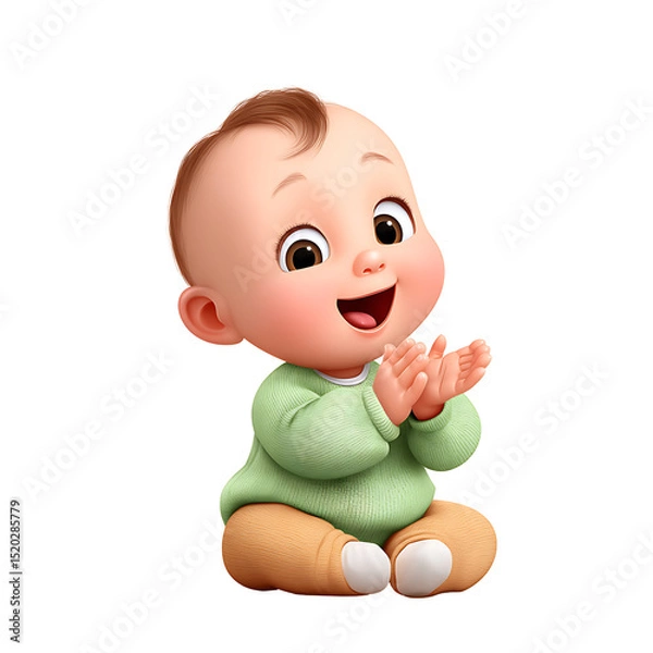 Fototapeta A cartoon baby with brown hair and eyes wearing a green shirt and clapping hands sitting on a black background on transparent background