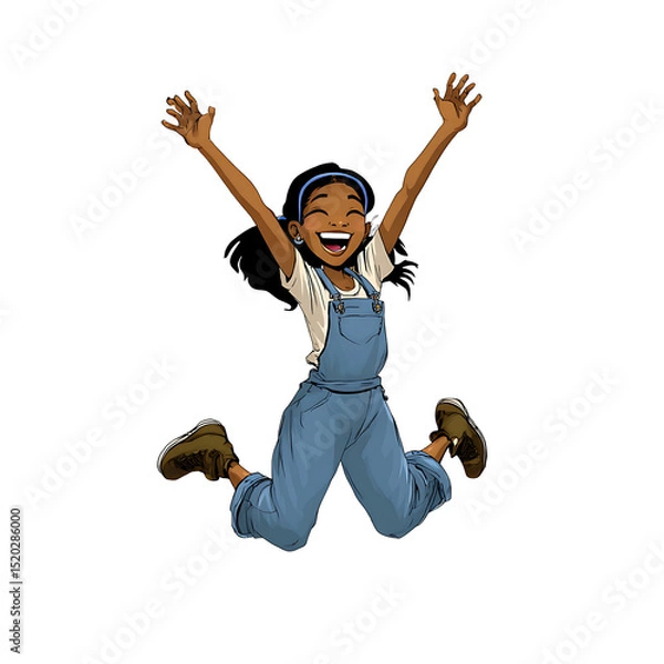Fototapeta A joyful cartoon girl with dark skin jumping in the air with arms raised and a bright smile on a black background on transparent background