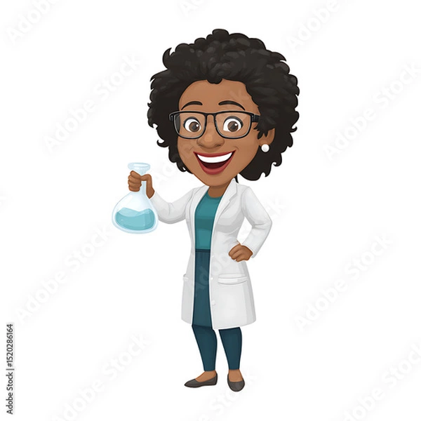 Fototapeta Cartoon woman in lab coat holding flask with blue liquid against a black background in a full shot on transparent background