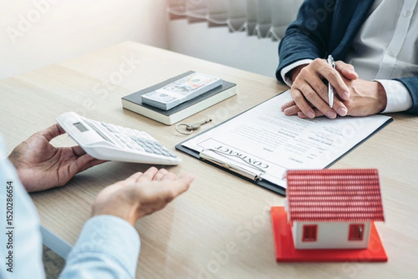 Obraz Real estate broker agent consulting the customer to a decision making sign insurance form agreement contract