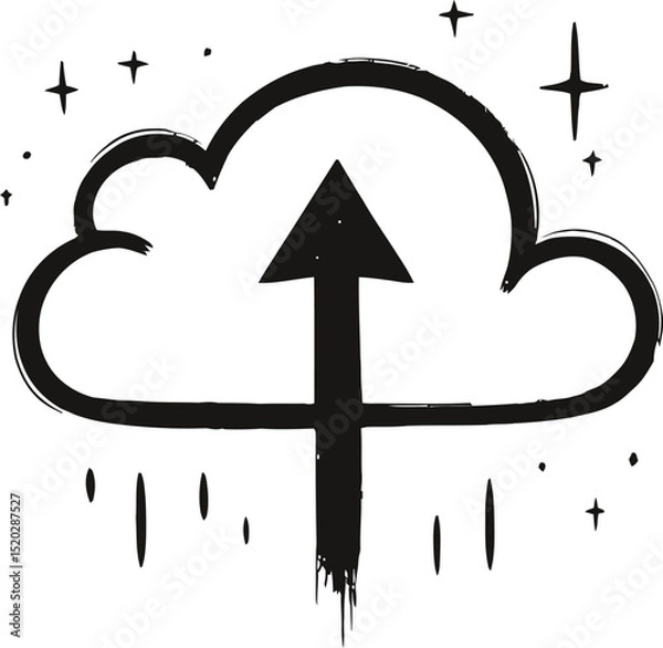 Obraz Cloud Upload Icon: A stylized cloud icon with an upward arrow, symbolizing data uploading or cloud storage, features a grunge aesthetic with dripping paint effect and sparkling stars. 