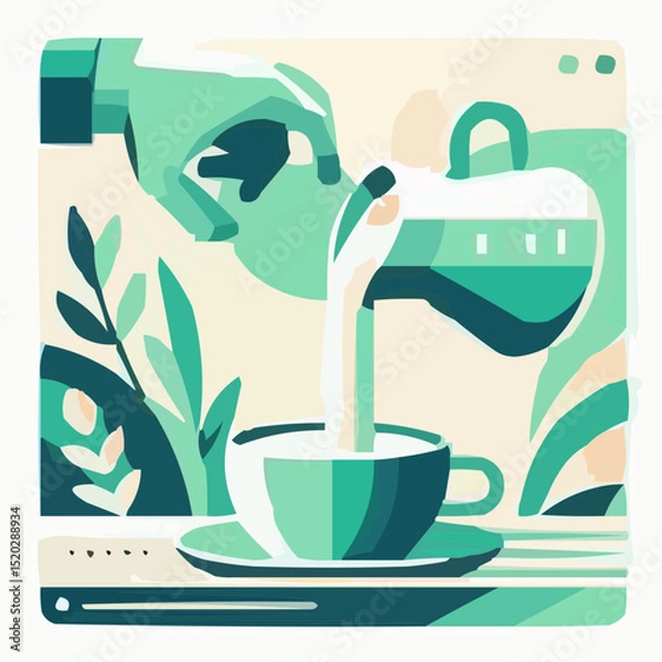 Obraz Hand pouring milk into a cup of coffee with greenery background  