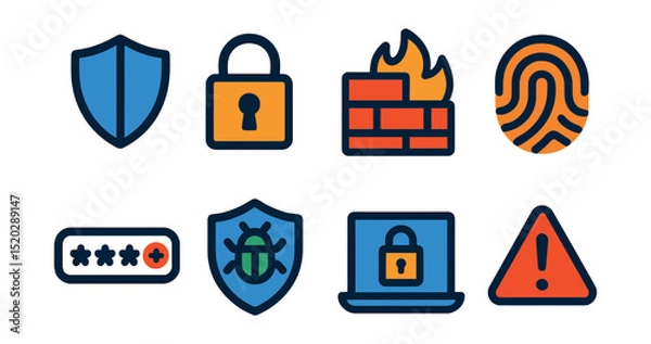 Obraz Flat vector icons of cybersecurity elements: shield, lock, firewall, fingerprint, password, antivirus, VPN, alert notification.
