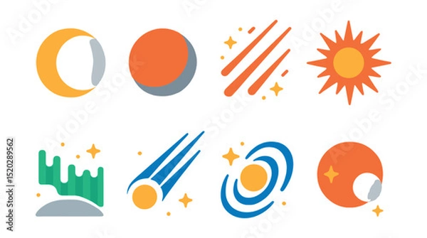 Obraz Flat vector icons of celestial events: solar eclipse, lunar eclipse, meteor shower, supernova, aurora, comet passing, star formation, planetary transit.