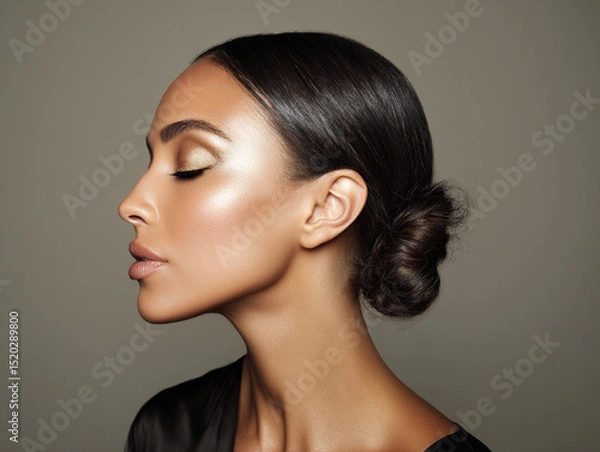 Obraz metallic gold eyeliner, sleek low bun, editorial photo 