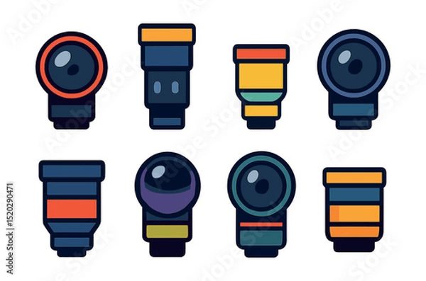 Obraz Flat vector icons of camera lenses: wide angle, telephoto, macro, prime, zoom, fisheye, portrait, kit lens.