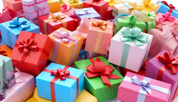 Fototapeta The holiday will be grand and generous: A mountain of colorful boxes with gifts, tied with bright, beautiful, colorful ribbons