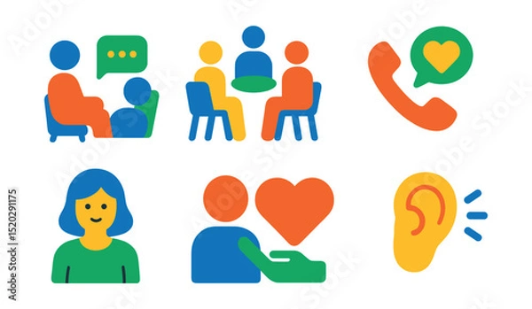Obraz Flat vector icons of emotional support: talking therapy, support group, hotline, comforting hand, counselor, empathy, heart, listening ear.