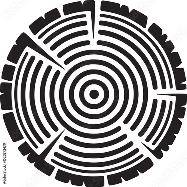 Obraz A black and white illustration of a cross section of a tree trunk with concentric rings and cracks