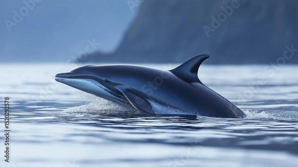 Fototapeta A full-body minke whale on a sea  background, featuring its sleek, dark gray body, pointed snout, curved dorsal fin, and streamlined shape.