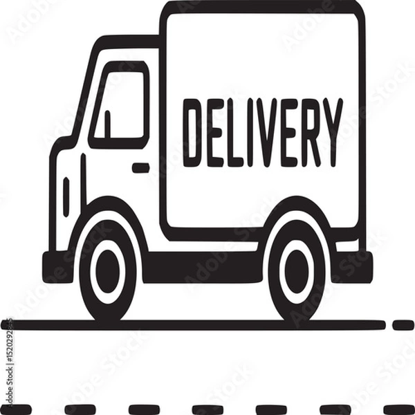 Obraz A simple black and white line drawing of a delivery truck on a road with dashed lines below it