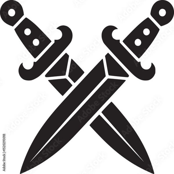 Fototapeta Two black daggers crossed with ornate handles and sharp blades on a plain white background in a simple design