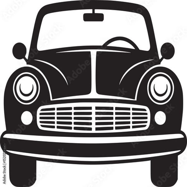 Obraz Front view of a classic car illustration in black and white with a minimalist design style shown