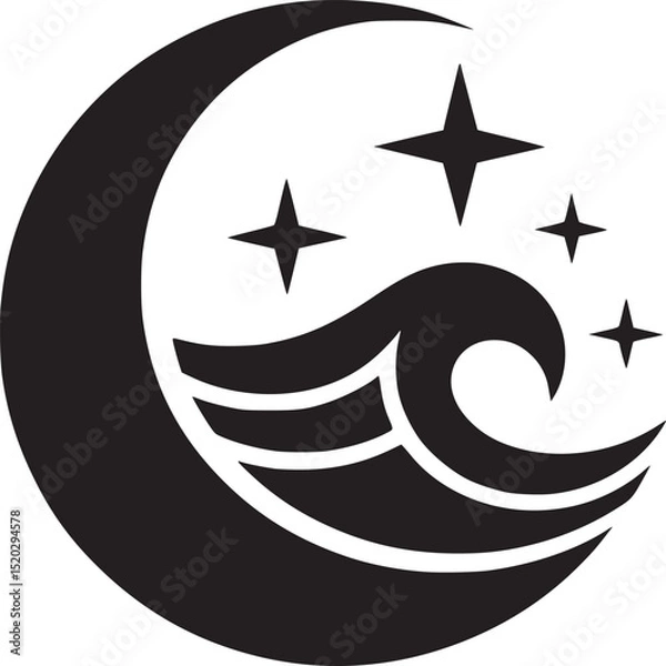 Obraz Black crescent moon with stylized wave and four stars on a white background simple vector graphic