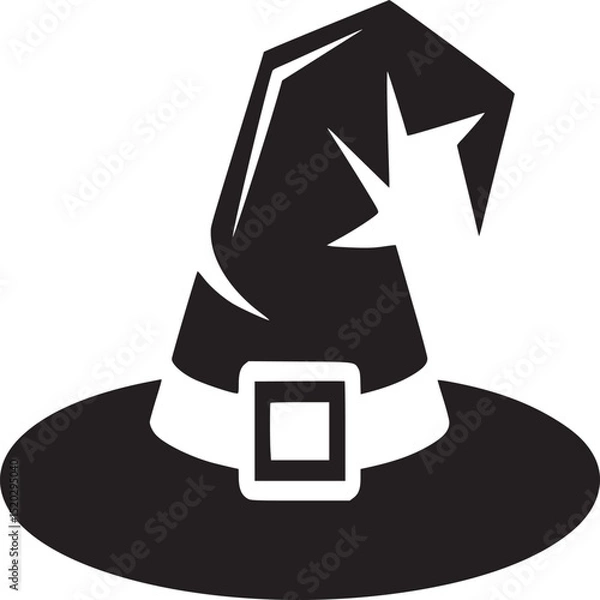 Obraz A black and white graphic illustration of a witch hat with a buckle on a white background