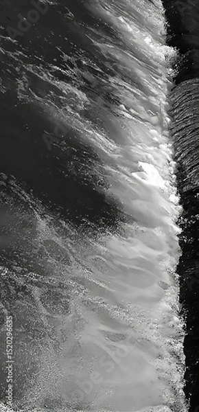 Fototapeta Vertical, black and white image. River mountain rapids. Dynamic composition. Abstract forms.
