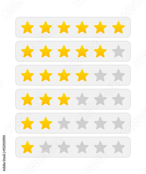 Fototapeta Classic Yellow Star Rating Bars – 1 to 5 Stars UI Icons in Rounded Layout for Reviews, Feedback, Evaluation and Voting in Apps, E-commerce, and Web Interfaces