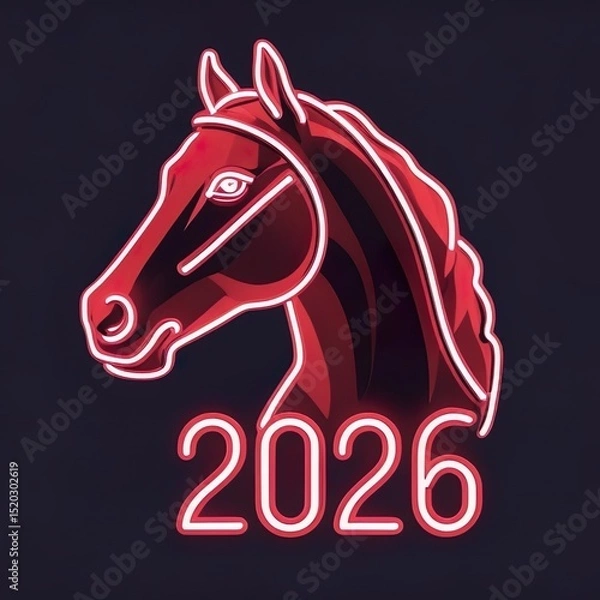 Obraz Fire horse, red horse face and numbers 2026, neon effect, new year 2026