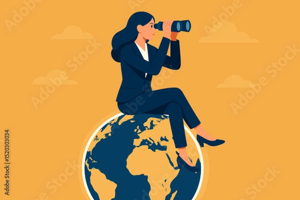 Fototapeta Businesswoman on top of the world using binoculars, actively exploring global opportunities, searching for success, future vision, leadership, and international growth.