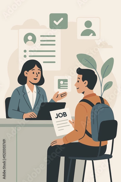 Fototapeta Job Search Assistance Vector. Career Counseling. Interview. Resume Review. Employment Consultation. Find a Job. Occupation Support. Recruitment Process. Hiring.