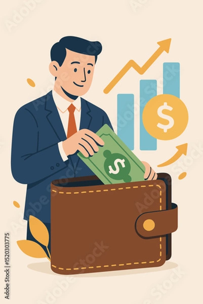 Fototapeta Vector illustration of businessman investing money. Financial gain with cash in wallet, upward trend chart, and dollar sign. Concept of savings, profit, wealth, and business growth.