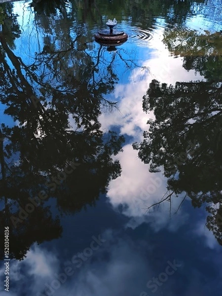 Fototapeta Reflections of trees and cloudy sky in the mirrored surface of the fountain. Colorful picture. A feeling of relaxation. Reflections of different shapes and shades. Abstract background