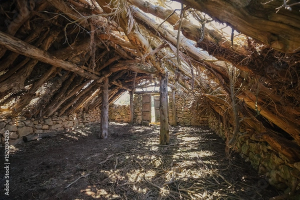 Fototapeta interior of an old livestock shelter, with a collapsed wooden beam roof, a ruin door at the background, chozon sabinero, ancient rural constructions, horizontal