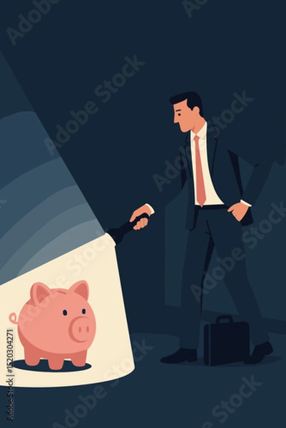 Fototapeta Metaphor financial planning. Businessman flashlight illuminates piggy bank. Investment search, finding savings, wealth accumulation. Economic discovery for future growth. Financial solutions.