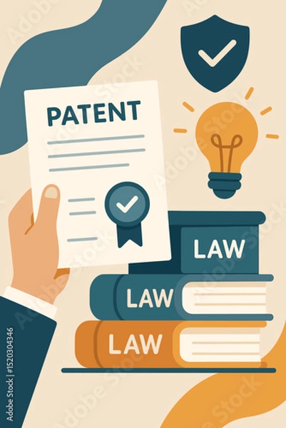 Fototapeta Intellectual Property Protection Concept with Patent Certificate, Law Books, Security Shield, and Light Bulb Idea Innovation, Legal Document, Copyright and Trademark Law