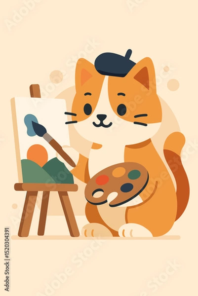 Fototapeta Artistic Feline Painter at Work: Ginger Cat with Beret Painting Landscape on Easel with Brush and Palette, Creative Animal, Funny Pet, Cartoon Character, Art Studio