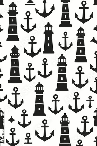 Fototapeta Nautical Seamless Pattern: Lighthouses and Anchors, Maritime Theme, Coastal Decor, Black and White, Repeat Texture, Ocean, Sea, Marine, Surface Design, Tileable