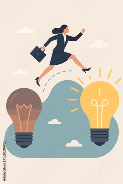Fototapeta Innovative Leap Forward: Businesswoman jumps from dim to bright lightbulb. Concept of new ideas, progress, creativity, problem-solving, career growth, inspiration, and success in business.