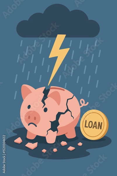 Fototapeta Shattered piggy bank concept of financial crisis. Broken savings, debt, and loan despair under a storm cloud with lightning. Economic hardship, bankruptcy, and money problems illustration.