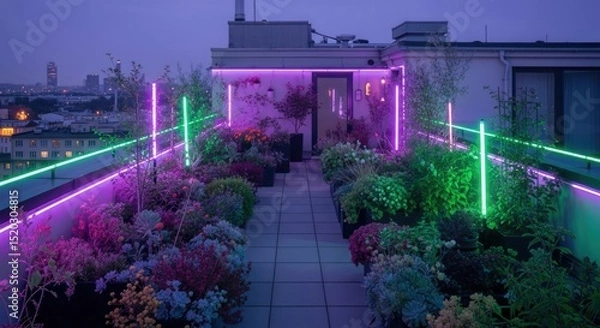 Obraz Rooftop garden illuminated with vibrant neon lights at dusk. Colorful flowers and plants in pots creating a modern urban oasis. City skyline in the background under a twilight sky.
